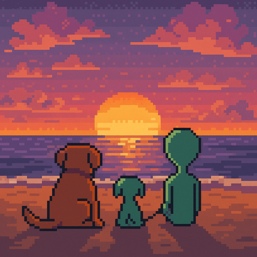 Pixel art dog and alien watching sunset on beach
