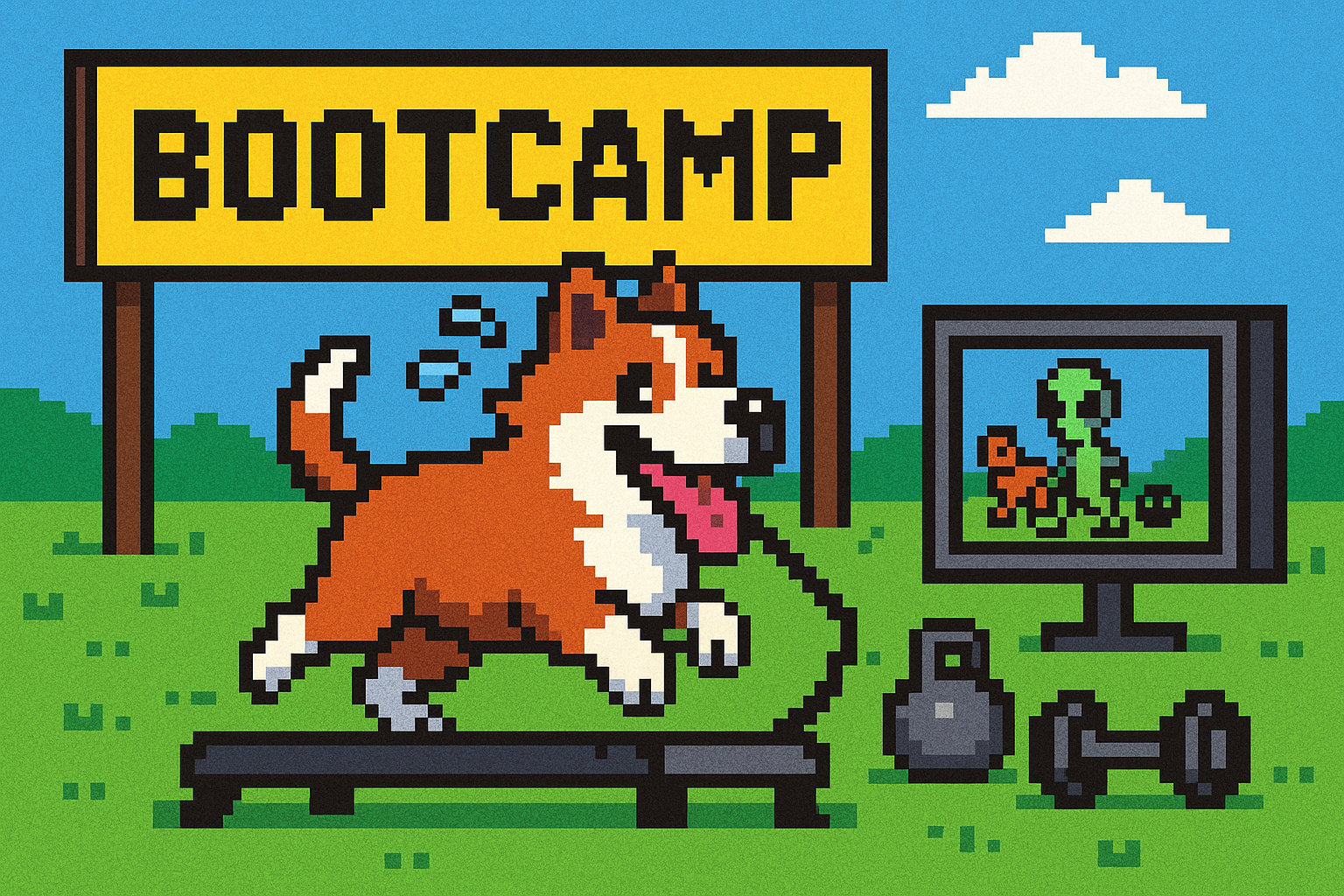 Pixel art dog on treadmill with bootcamp sign