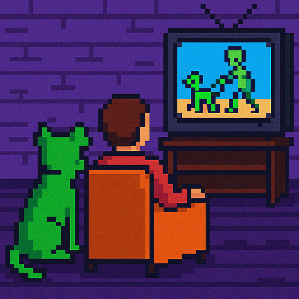 Pixel art person and dog watching TV